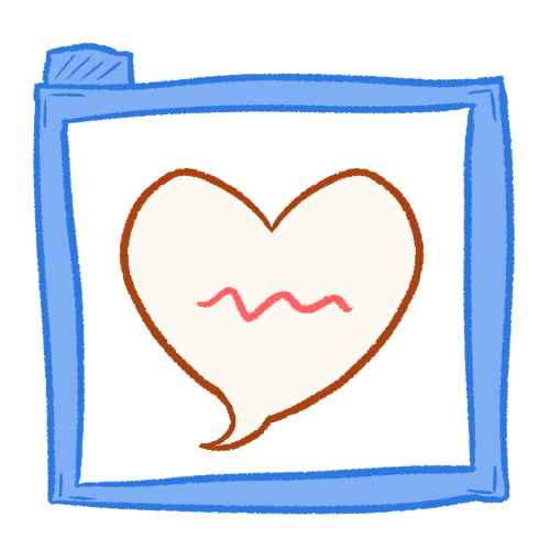 A drawing of a speech bubble shaped like a heart inside of a transparent blue folder.